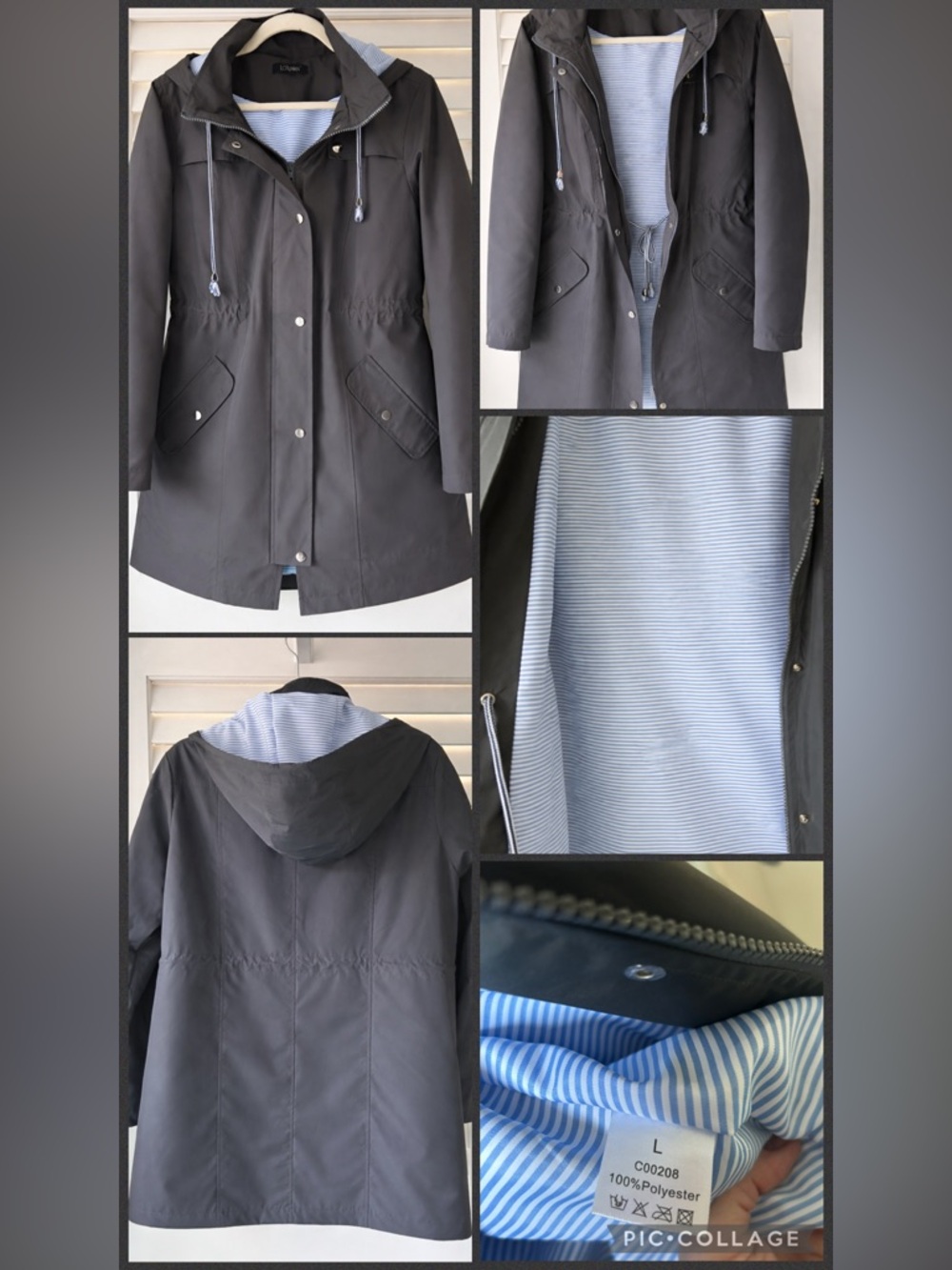 Women’s Hooded Rain Jacket in Charcoal with Blue/White Striped Lining - Large